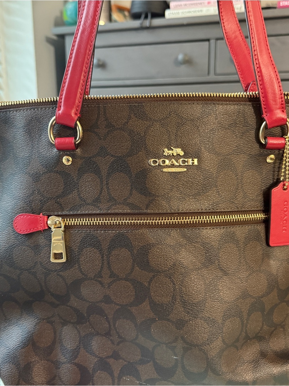 Coach Gallery Tote F79608 Signature C Brown Red Leather Shoulder Bag